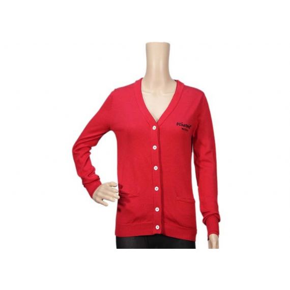 Cardigan Vermelho Manga Longa Aberta com Cabo Frontal Malha Botão Acima V Neck Cardigan de Algodão - 12105296