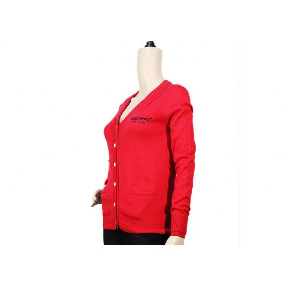 Cardigan Vermelho Manga Longa Aberta com Cabo Frontal Malha Botão Acima V Neck Cardigan de Algodão - 12105296