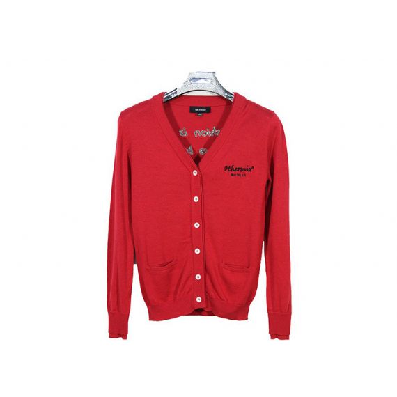 Cardigan Vermelho Manga Longa Aberta com Cabo Frontal Malha Botão Acima V Neck Cardigan de Algodão - 12105296