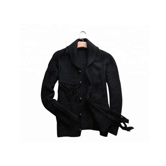 Suéter masculino de malha de botão acrílico preto, suéter cardigan de inverno com lenço de malha - 11202608