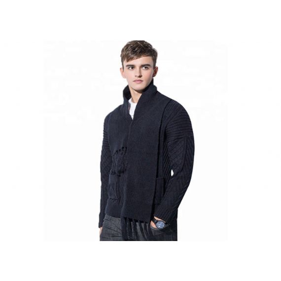 Suéter masculino de malha de botão acrílico preto, suéter cardigan de inverno com lenço de malha - 11202608