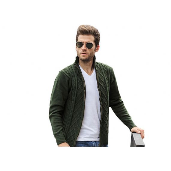 Suéteres Jacquard Jacquard Longo Cabo grosso tricotado com zíper completo Exército Verde Cardigan Para Homens - 11202860