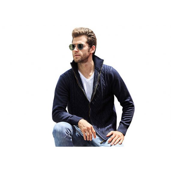 Suéteres Jacquard Jacquard Longo Cabo grosso tricotado com zíper completo Exército Verde Cardigan Para Homens - 11202860