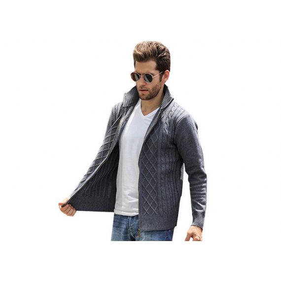 Suéteres Jacquard Jacquard Longo Cabo grosso tricotado com zíper completo Exército Verde Cardigan Para Homens - 11202860