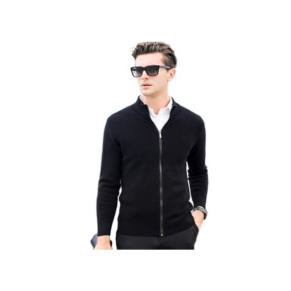 Suéter cardigan masculino com zíper completo, suéter masculino cardigan manga longa preta de lã - 11202952
