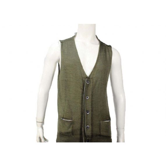Suéter Cardigan Verde Escuro Decote V com Botão Simples Tricot Masculino Sem Manga - 11988382