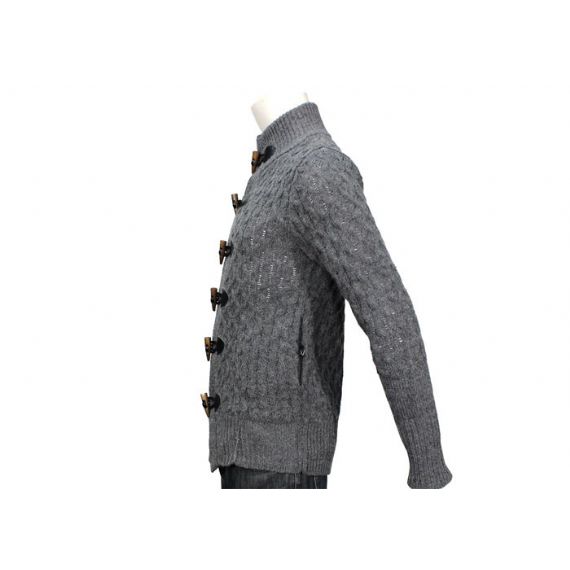 Suéter cardigan masculino gola xale de algodão cinza com botão de malha grossa - 11989678