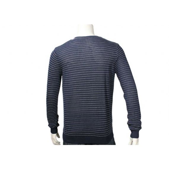 Suéter masculino de malha manga longa casual masculino listrado branco e azul marinho - 11997348