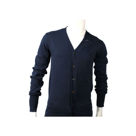 Suéter de malha masculina com decote em v botão cardigan azul marinho acrílico masculino com cabo de malha suéter - 11997493