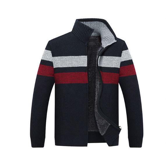 Cardigan de gola masculina com zíper acolchoado plus veludo listra - 13246255