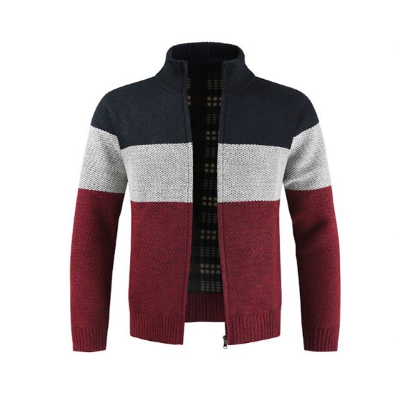 Cardigan listrado com gola mandarim com zíper masculino fio tingido - 13246328