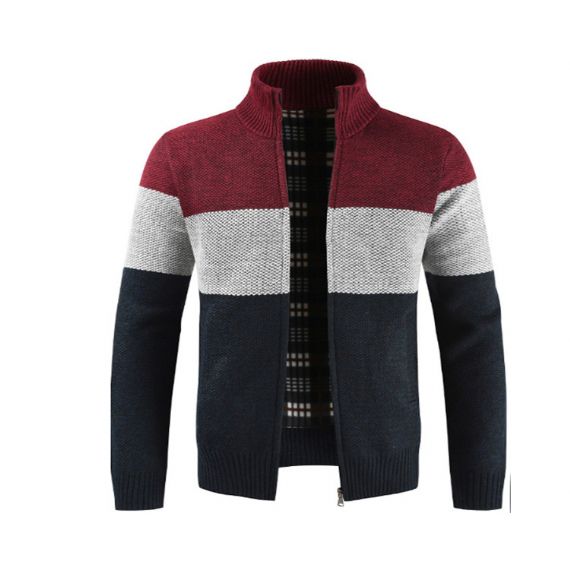 Cardigan listrado com gola mandarim com zíper masculino fio tingido - 13246328