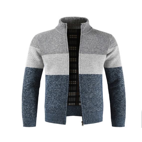 Cardigan listrado com gola mandarim com zíper masculino fio tingido - 13246328