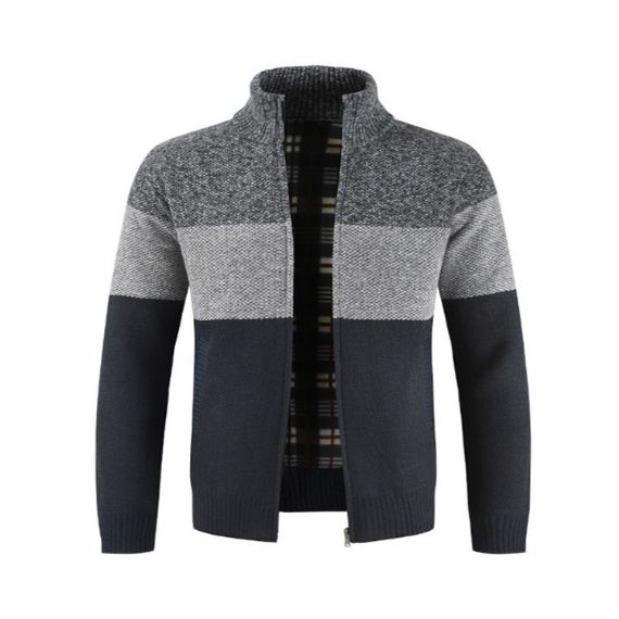 Cardigan listrado com gola mandarim com zíper masculino fio tingido - 13246328