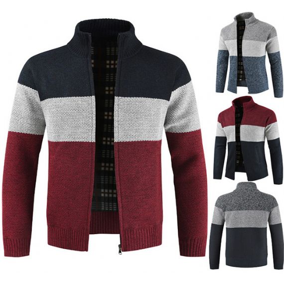 Cardigan listrado com gola mandarim com zíper masculino fio tingido - 13246328