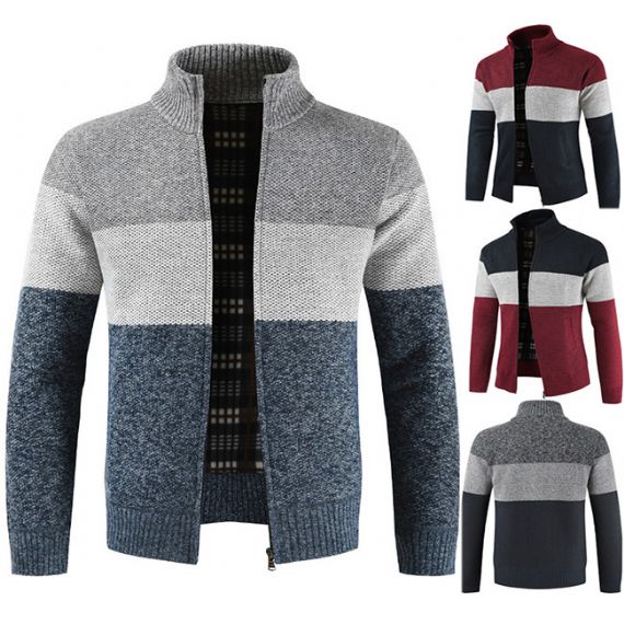 Cardigan listrado com gola mandarim com zíper masculino fio tingido - 13246328