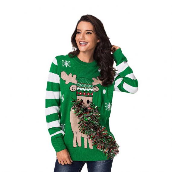 Suéter de Natal Feio Estilo Britânico Verde Gola Redonda Animal Padrão Alce - 11088904