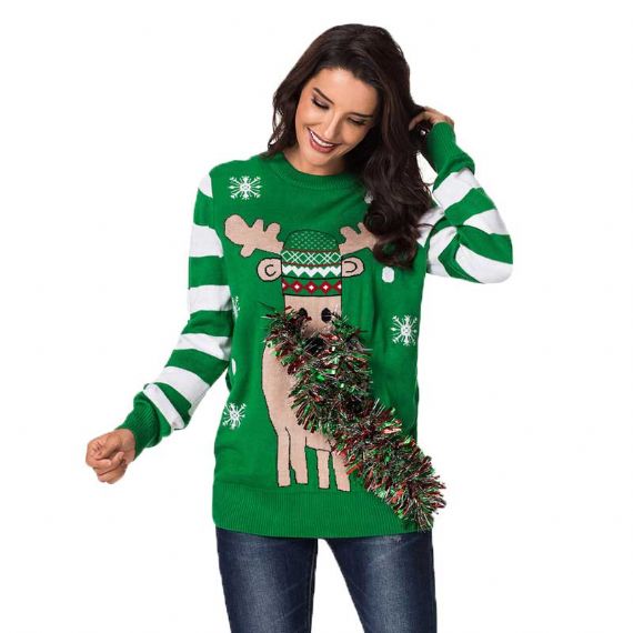 Suéter de Natal Feio Estilo Britânico Verde Gola Redonda Animal Padrão Alce - 11088904