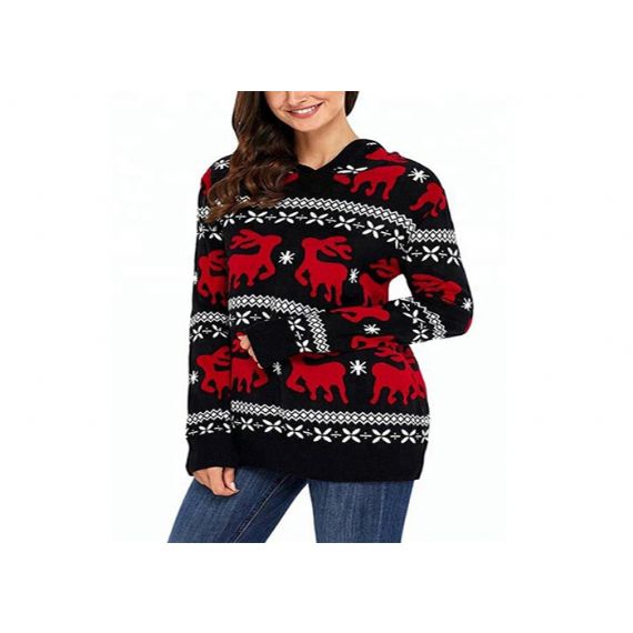 Suéter Feminino de Tricô com Capuz Feminino de Natal Feio Gola Redonda Para Inverno Quente - 11153745