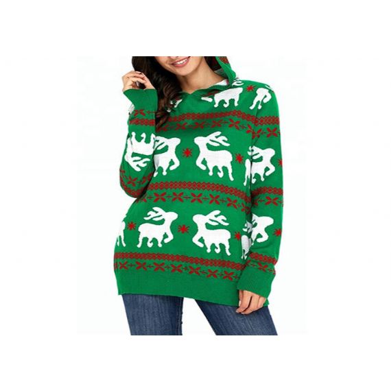 Suéter Feminino de Tricô com Capuz Feminino de Natal Feio Gola Redonda Para Inverno Quente - 11153745