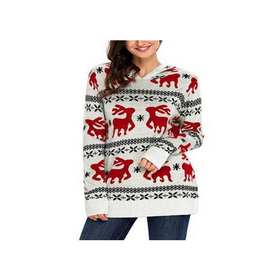 Suéter Feminino de Tricô com Capuz Feminino de Natal Feio Gola Redonda Para Inverno Quente - 11153745