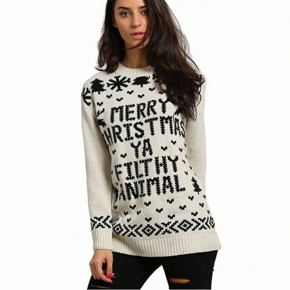 Suéter de Natal Feio Branco Tricô Padrões 12 GG Feminino - 11153764