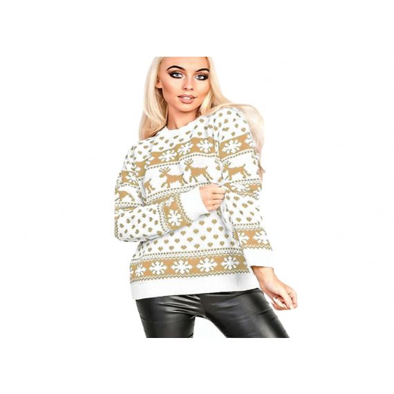 Suéter feminino de Natal com estampas de floco de neve de rena - 11153774