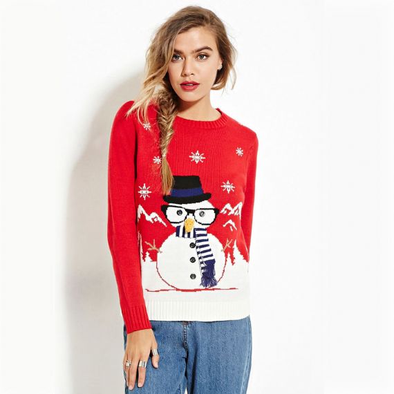 Suéter Boneco de Neve Papai Noel Vermelho Preto Tricô Padrão Feio Suéter de Natal - 11153790