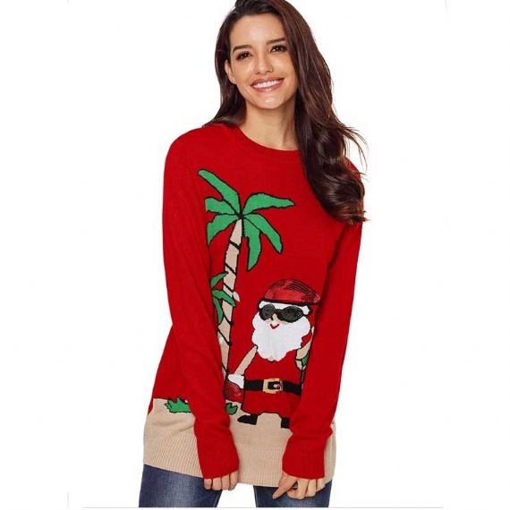 Suéter de decote redondo acrílico 10 tamanhos feminino feio de natal vermelho jacquard azul - 11657851