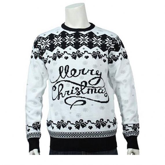 Suéter clássico de malha jacquard preto e branco de feliz Natal para homens - 12133698