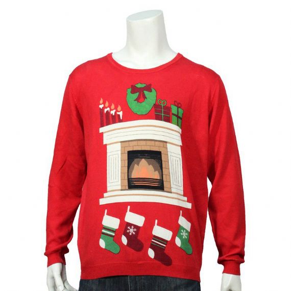 Suéter de Natal masculino vermelho gola redonda calibre 12 com padrões de lareira para adulto - 12133787