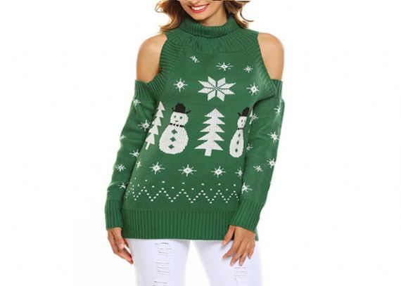 Suéter feo navideño con cuello alto y hombros descubiertos rojo verde negro para mujer - 11153781