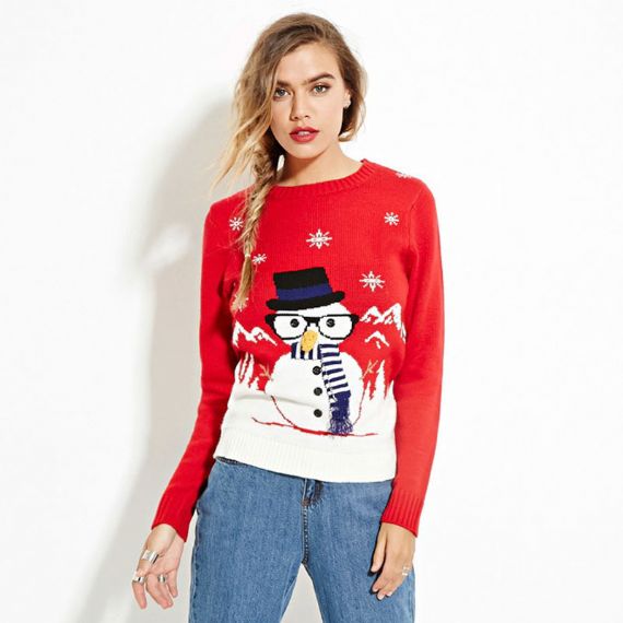 Suéter navideño feo con estampado de punto rojo y negro de muñeco de nieve Papá Noel - 11153790