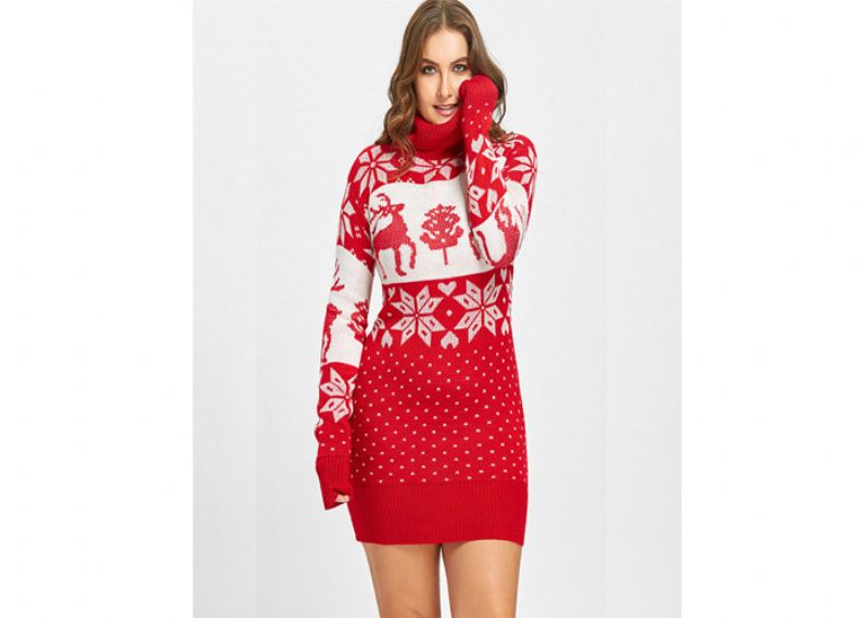 Vestido de suéter navideño de manga larga con cuello de tortuga rojo de talla grande para niña - 11153795