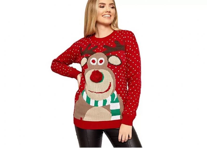 Suéter de Navidad feo con cuello redondo para mujer, jersey con patrón de ciervo lindo - 11662816