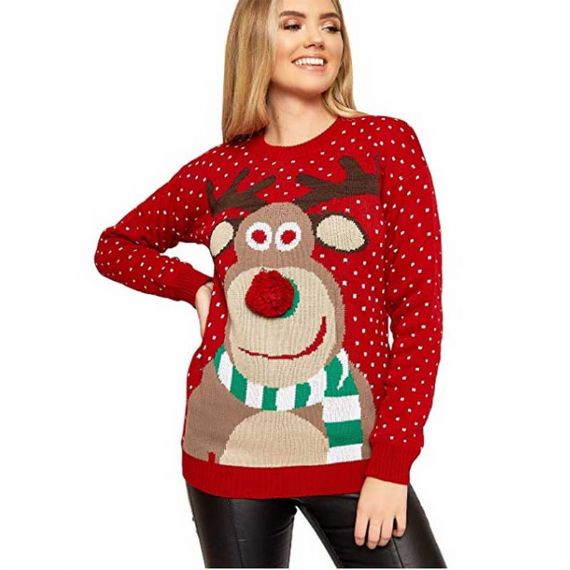 Suéter de Navidad feo con cuello redondo para mujer, jersey con patrón de ciervo lindo - 11662816