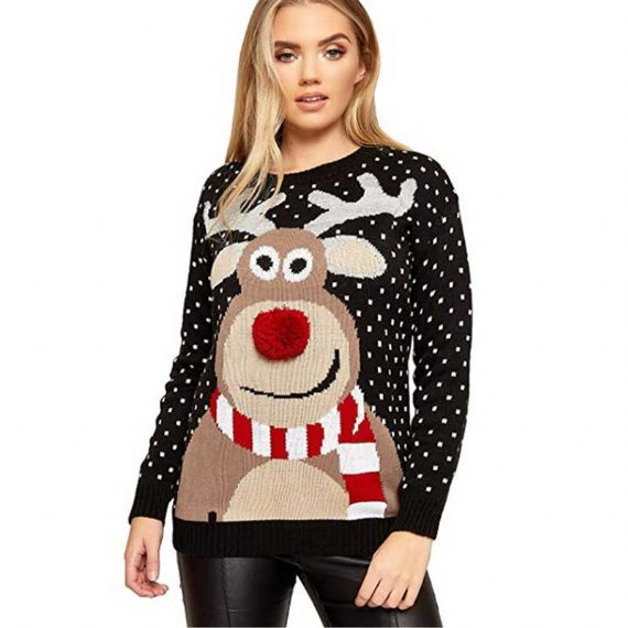 Suéter de Navidad feo con cuello redondo para mujer, jersey con patrón de ciervo lindo - 11662816