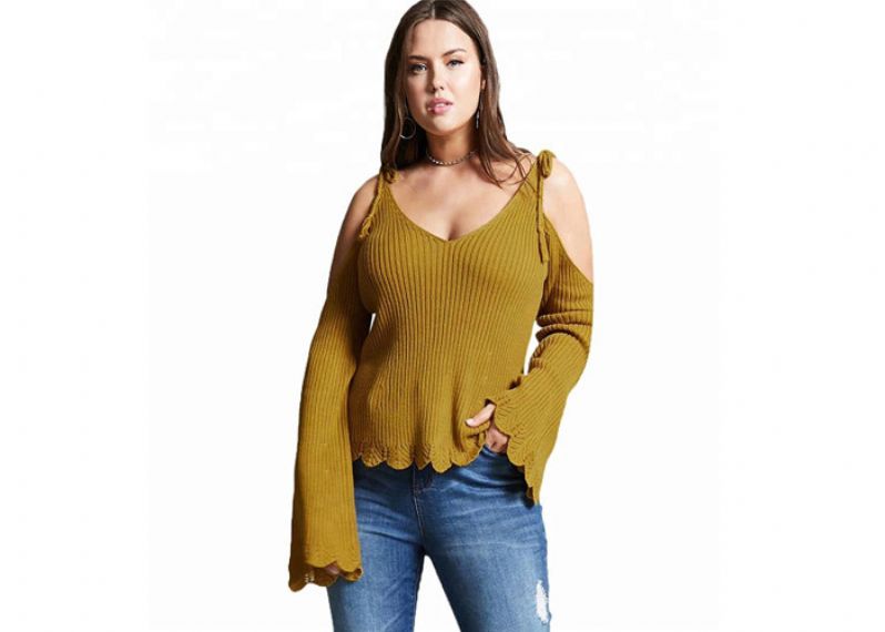 Suéter de punto acogedor con hombros caídos sexy Tops de manga trompeta - 11202464