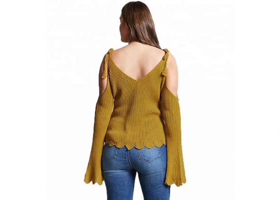 Suéter de punto acogedor con hombros caídos sexy Tops de manga trompeta - 11202464