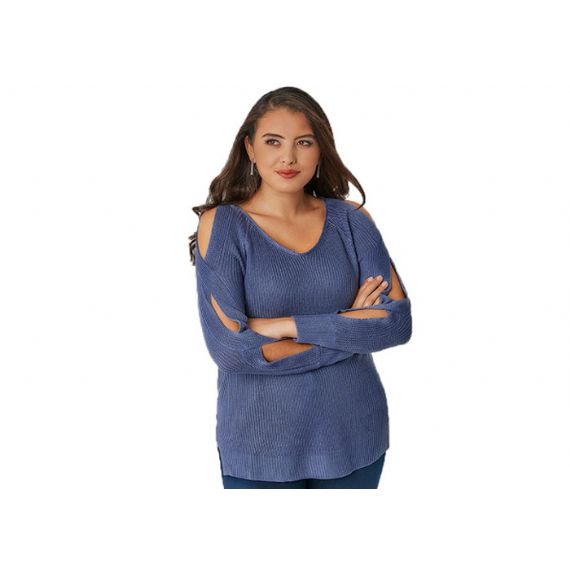 Suéteres femininos azuis plus size fora do ombro - 11109984