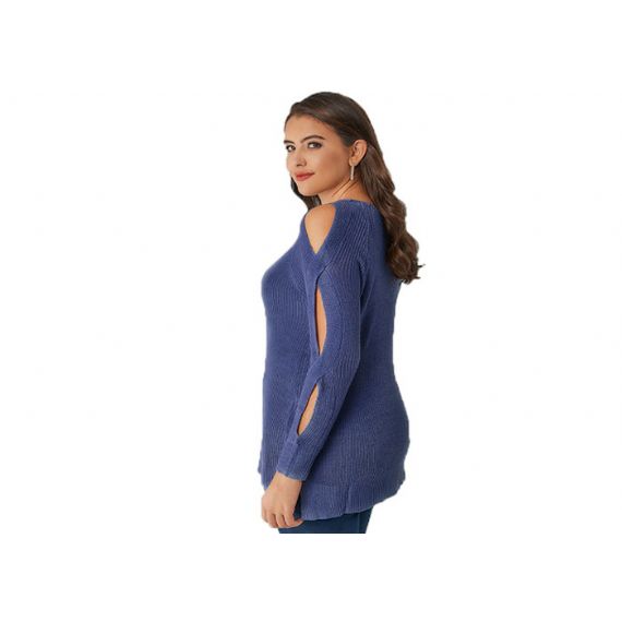 Suéteres femininos azuis plus size fora do ombro - 11109984