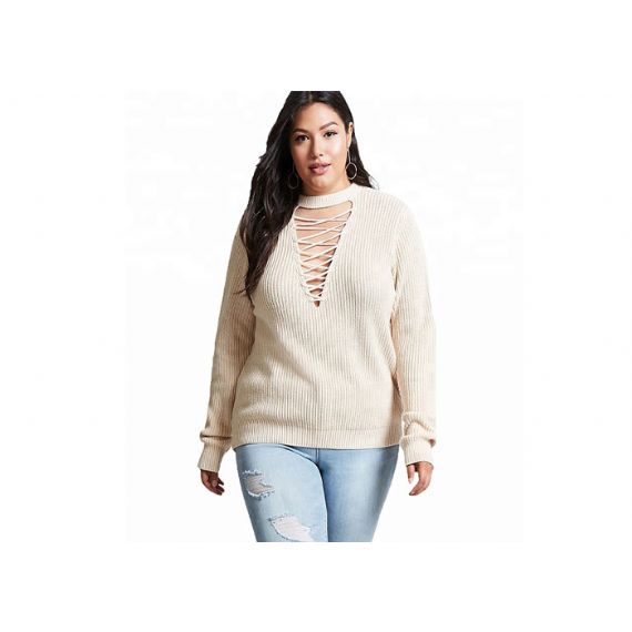 Suéter de malha aconchegante cor bege puro decote em V oversized suéter vazado 12 GG - 11202468