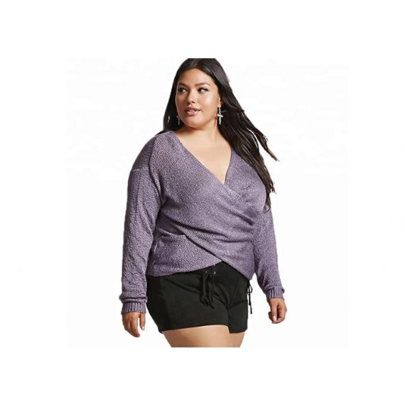 Suéter de pulôver de manga comprida roxa com decote em V plus size 6XL para senhoras - 11272237