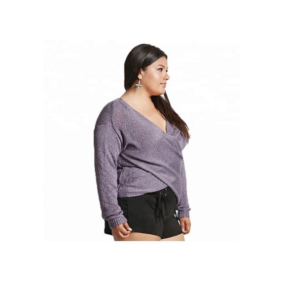 Suéter de pulôver de manga comprida roxa com decote em V plus size 6XL para senhoras - 11272237
