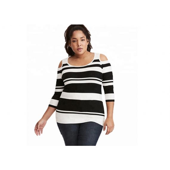 Suéteres de malha de tamanho grande com listras de poliéster/algodão - 11272238