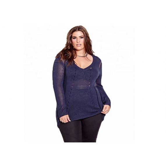 Suéteres femininos sexy plus size com gola V - 11272246