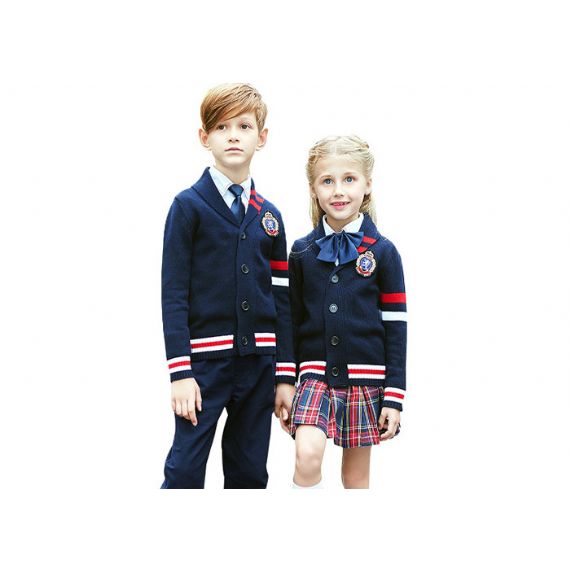 Suéteres personalizados estilo britânico com listras e gola V para escola primária de algodão - 11272180