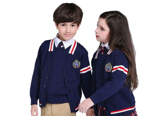 Escuela primaria de algodón de los suéteres del uniforme escolar de la raya del cuello de V del estilo británico de encargo - 11766659