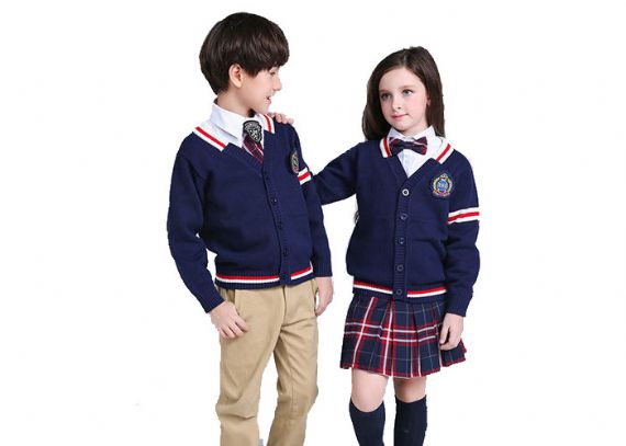 Escuela primaria de algodón de los suéteres del uniforme escolar de la raya del cuello de V del estilo británico de encargo - 11766659