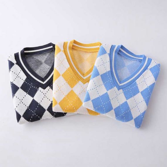 Colete de uniforme escolar jacquard sem mangas, suéter de algodão com gola V - 11769735